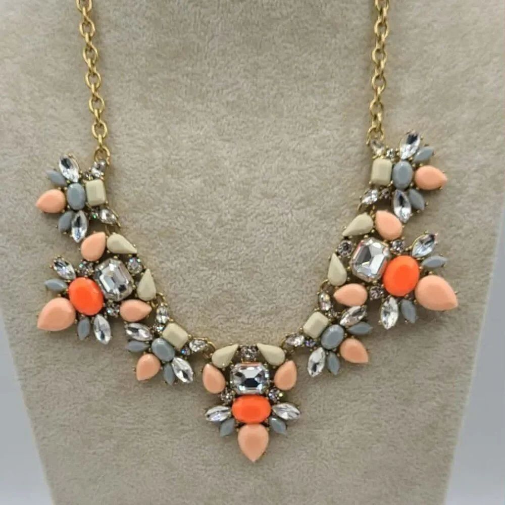 J Crew Factory Orange Clear Crystal Statement Necklace NWT!